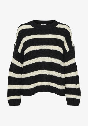 Zwart en crème gestreepte gebreide trui met een relaxed fit, ronde halslijn en verlaagde schoudernaden. Grof textuur en geribbelde zoom.