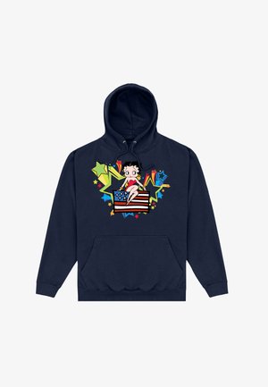Sweat à capuche bleu marine avec une poche avant, présentant un graphique d'un personnage de dessin animé assis sur un drapeau américain, entouré d'étoiles colorées.