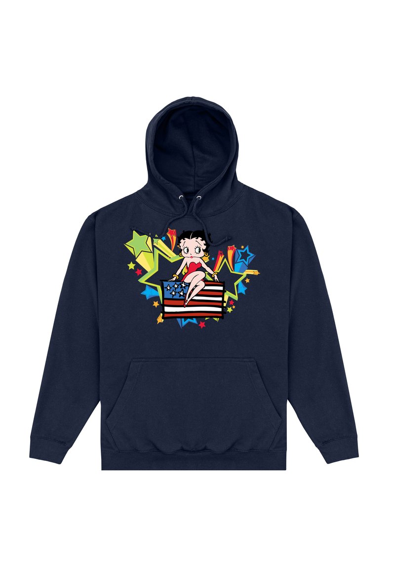 Sweat à capuche bleu marine avec une poche avant, présentant un graphique d'un personnage de dessin animé assis sur un drapeau américain, entouré d'étoiles colorées.