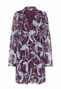 Burgundi värvi pikkade varrukatega kleit, millel on helesinised lillemustrid. Omab kraed ja V-kaelust; valmistatud õhukesest, kergest kangast.