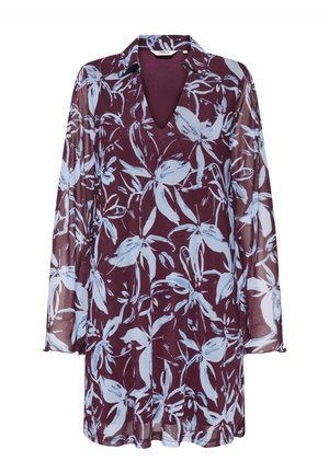 Dolga obleka v burgundski barvi s svetlo modrim cvetličnim vzorcem. Ima ovratnik in V-izrez; izdelana iz prosojnega, lahkega blaga.