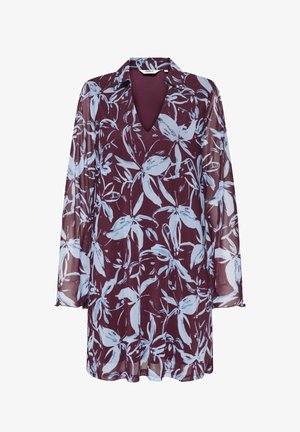 Vestido de manga larga en burdeos con estampado floral en azul claro. Presenta un collar y un escote en V; está hecho de una tela ligera y translúcida.