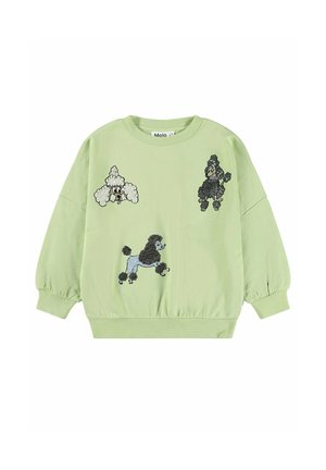 Lysegrøn langærmet skjorte med tre broderede pudler i forskellige positurer på forsiden, med ribkanter på ærmer og bund.