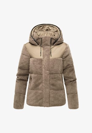 Beige fleecejack met een gladde stoffen panel op de schouders. Voorzien van een capuchon en een ritssluiting aan de voorkant, met een zachte, gestructureerde uitstraling.