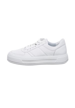 Low-top white leather sneaker with white laces, padded collar, and thick textured sole, shown from the outer side on a white background.