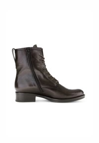 Botte de cheville en cuir noir avec fermeture éclair sur le côté, devant lacé, bout rond et talon bas empilé. Texture lisse et détails minimaux.