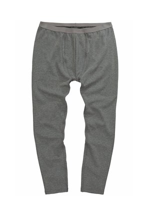 Pantalones largos de ropa interior gris con una cintura elástica, diseñados para calidez y comodidad en condiciones frías, mostrados planos sobre un fondo blanco.
