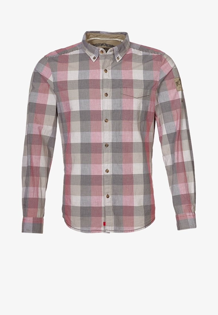 Kariertes Hemd mit langen Ärmeln in Rot, Grau und Weiß. Mit einer Brusttasche und braunen Knöpfen. Baumwollmischung, leichtes Material.