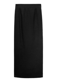 Zwarte lange pencil rok van een gestructureerde stof, met een hoge taille en rechte snit, ontworpen voor een slank silhouet.