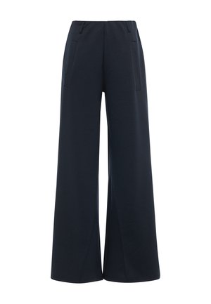 Pantaloni neri a gamba larga con tasche laterali, vita dritta e finitura del tessuto liscia.