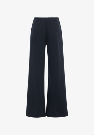 Pantaloni neri a gamba larga con tasche laterali, vita dritta e finitura del tessuto liscia.