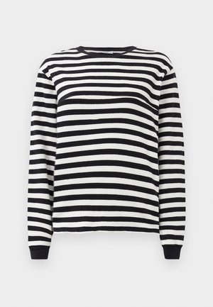 Black and white striped long-sleeve shirt with a round neckline and ribbed cuffs. Soft fabric with evenly spaced horizontal stripes.