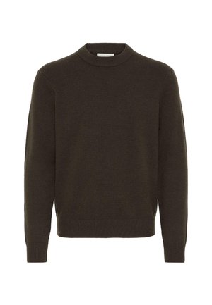 Pull en maille vert foncé à col rond, manches longues, bords côtelés aux poignets et à l'ourlet, avec une texture lisse et un design simple.