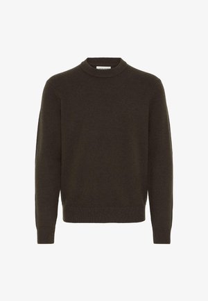 Donkergroen gebreid sweater met een ronde hals, lange mouwen, ribbels aan de manchetten en onderkant, met een gladde textuur en een eenvoudig ontwerp.