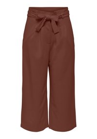 Bruine culottebroeken van gladde stof; met een hoge taille en een strikceintuur, twee voorkruiden en brede pijpen.