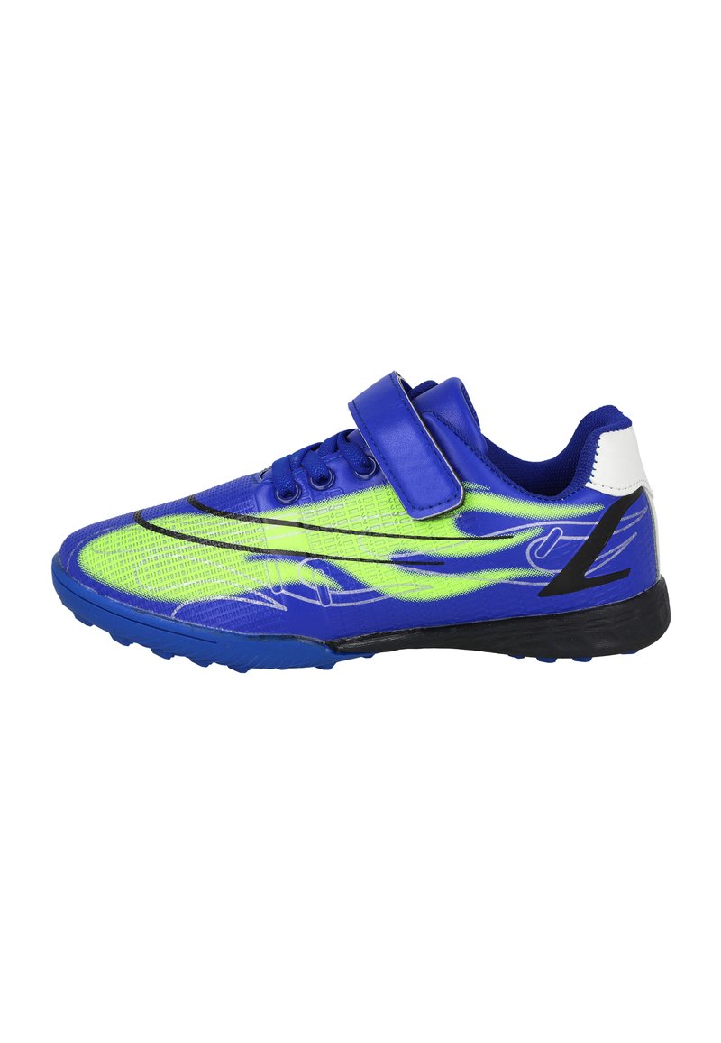 Zapatilla deportiva azul y verde neón, con parte superior de material sintético, textura de malla, cierre de cordones y una correa de velcro para mayor soporte.