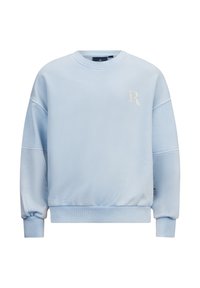 Felpa azzurra chiaro realizzata in un morbido tessuto, con polsini e orlo a costine, e un piccolo logo sulla parte anteriore. Design rilassato e dalla vestibilità ampia.