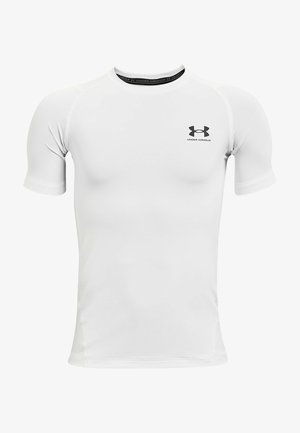 White short-sleeve athletic shirt made of smooth, stretchable fabric. Features a round neckline and a small black logo on the chest.