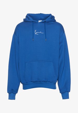 Sinine kapuutsiga sviiter, millel on pikad varrukad, reguleeritav köiekapuuts, eesmine tasku ja valge tikanditud logo rinnal. Pehme kangastekstuuri.