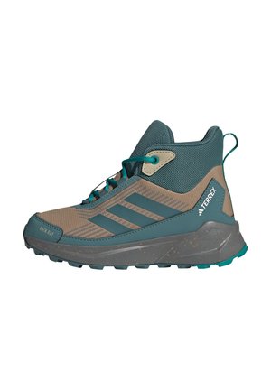 High-top hiking shoes featuring a combination of brown fabric with teal accents, textured mesh, and a rubber sole with traction patterns.