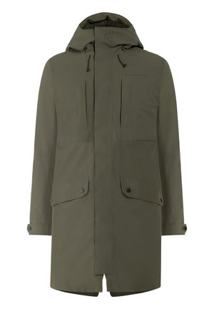 Parka impermeabile verde oliva con cappuccio, chiusura frontale con zip, due grandi tasche con patta e cordini regolabili per una vestibilità perfetta.