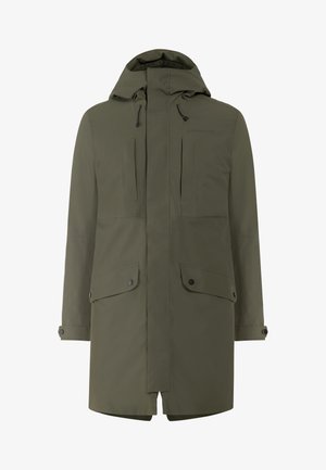 Olivově zelená nepromokavá parka s kapucí, předním zipem, dvěma velkými kapsami na klopu a nastavovacími šňůrkami pro přizpůsobení velikosti.