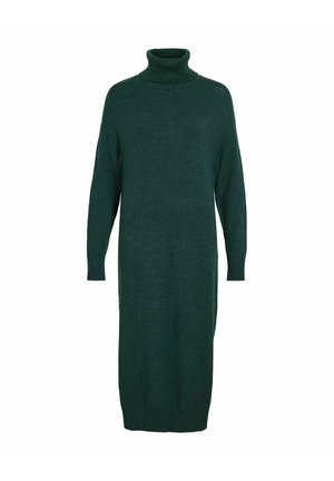 Langärmliges Rollkragenkleid in Dunkelgrün, aus weichem Strickmaterial gefertigt. Es hat eine lockere Passform und gerippte Bündchen sowie einen gerippten Saum.
