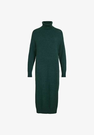 Robe à col roulé à manches longues en vert foncé, fabriquée en matériau tricot doux. Ceinture ample et bords côtelés aux poignets et à l'ourlet.