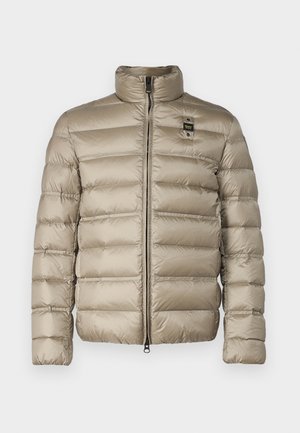 Giacca puffer beige con colletto alto, zip completa e design trapuntato. Presenta una piccola etichetta con logo sul petto. Texture lucida e liscia.