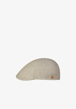 Beige linen flat cap with a small round orange logo tag on the side, displayed on a white background.