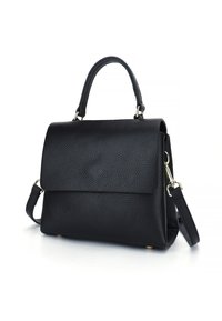 Black leather handbag with a textured finish, a top handle, detachable shoulder strap, and gold hardware accents. Flap closure design.