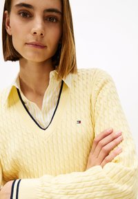 Κίτρινο πουλόβερ με πλέξη καλώδιο, V-λαιμόκοψη και ναυτικούς τόνους. Φορεμένο πάνω από λευκό και κίτρινο ριγέ πουκάμισο. Λογότυπο στο στήθος. Μαλακή υφή.