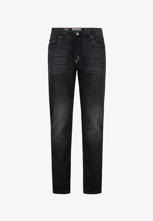 Black denim jeans with a straight cut, featuring five pockets, subtle fading, and a button closure. Includes branded belt loop and stitching details.