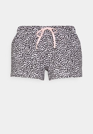 Schwarz-weiße Leopardenmuster-Badehose mit pinkem Kordelzugbund, entspannter Schnitt und weicher Stofftextur.