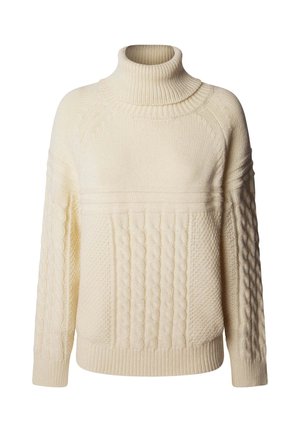 Suéter de cuello triturado en color crema con un diseño de punto trenzado texturizado, con cuello y puños acanalados, de corte relajado y grosor medio.