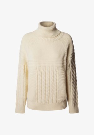 Cream turtleneck sweater featuring a textured cable knit design, ribbed collar, and cuffs with a relaxed fit and medium thickness.