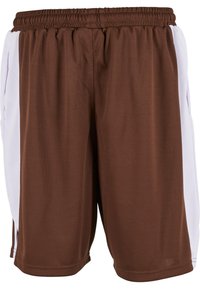 Shorts en maille marron avec panneaux latéraux blancs, taille élastique et poches. Fabriqués en tissu respirant pour un confort lors des activités physiques.