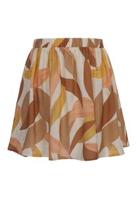 Bloemmotiefrok met een geraffineerde elastische tailleband. Kenmerkt abstracte bladeren in warme tinten van bruin, oranje en geel op een crèmekleurige achtergrond.