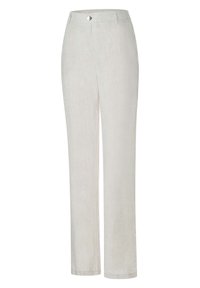 Pantaloni in lino dritti color beige chiaro, con chiusura a bottone e zip, tasche anteriori e passanti per cintura.