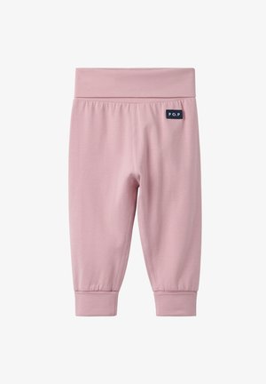 Leggings pour bébé de couleur rose doux avec une taille élastique et des poignets, portant une petite étiquette noire "P.O.P" sur le côté droit à l'avant.