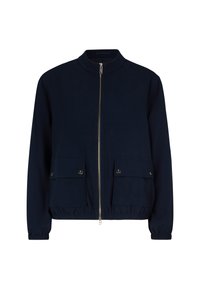 Marineblaue Bomberjacke aus weichem Stoff, mit einem Frontreißverschluss, zwei aufgesetzten Taschen mit Knopfverschluss und elastischen Bündchen.