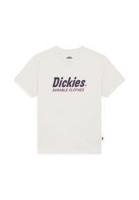 Witte katoenen t-shirt met het "Dickies" logo in donkerpaars en "DURABLE CLOTHES" in rood. Klassieke ronde hals, korte mouwen, en een label aan de zijkant.