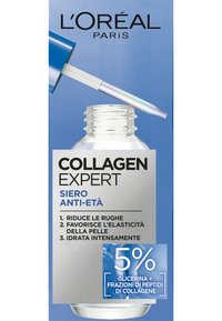 Siero Collagen Expert di L'Oréal Paris in una bottiglia di vetro trasparente, con un tappo blu e un contagocce. L'imballaggio presenta dettagli in testo bianco e argento.