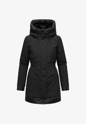 Parka negra acolchada con cuello alto y cordón, cierre con cremallera, bolsillos laterales y un dobladillo ligeramente curvado.