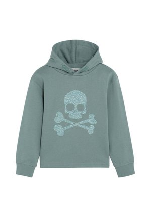 Sudadera verde con capucha con un patrón de calavera y huesos cruzados en azul claro en la parte delantera y puños largos acanalados en las mangas.