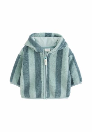 Blau und türkis gestreifte Fleecejacke für Kleinkinder mit Kapuze und Frontreißverschluss vor weißem Hintergrund.