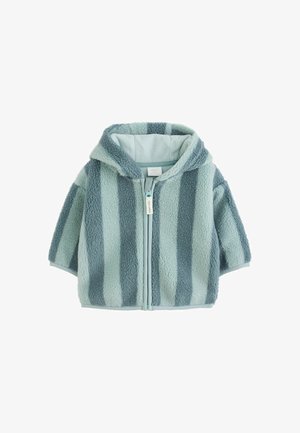 Blauw en turquoise gestreepte peuterfleecejas met capuchon en rits aan de voorkant op een witte achtergrond.
