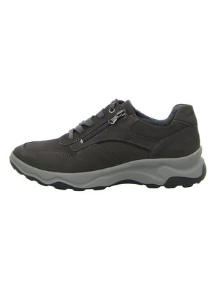 Men's dark gray athletic shoes made of leather, featuring laces, a side zipper, and a cushioned gray sole with textured detailing.