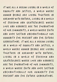 Texte sur un fond beige dans un style manuscrit amusant. Le message met en avant les idéaux d'égalité, de justice et d'harmonie.