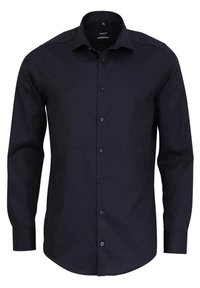 Marineblauw overhemd met lange mouwen, voorzien van een knoopsluiting, een klassieke kraag en een gladde textuur. Zwarte knopen complementeren het ontwerp.